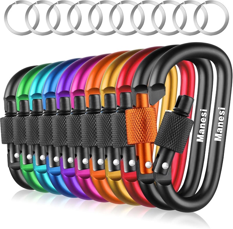 Manesi 10 Pack Aluminum D Ring Key Rings Clips Locking Carabiner for Camping Fishing and Outdoor Use，Clips with Screw Gate Multicolored - Image 1